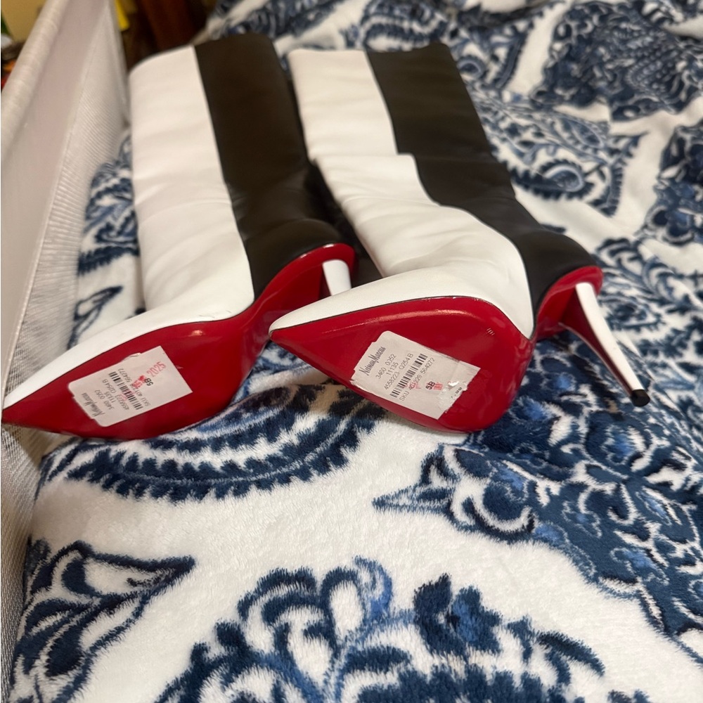 Christian Louboutin Black and White Over-the-Knee Pointed Stiletto Boots - Picture 2 of 3